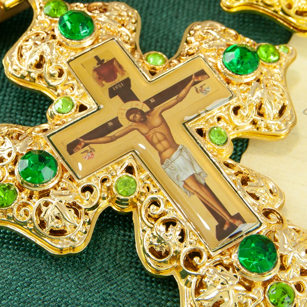 Greek Gold Plated Alloy Orthodox Pendant Russian Pectoral Cross with Jesus Icon Necklace for Priest Крест наперсный с цепью religious ritual accessories