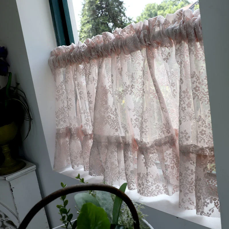 Korean/Japanese Pink Lace Short Curtains Korea Pastoral Flowers Half Curtains for Kitchen Valance #A358 5