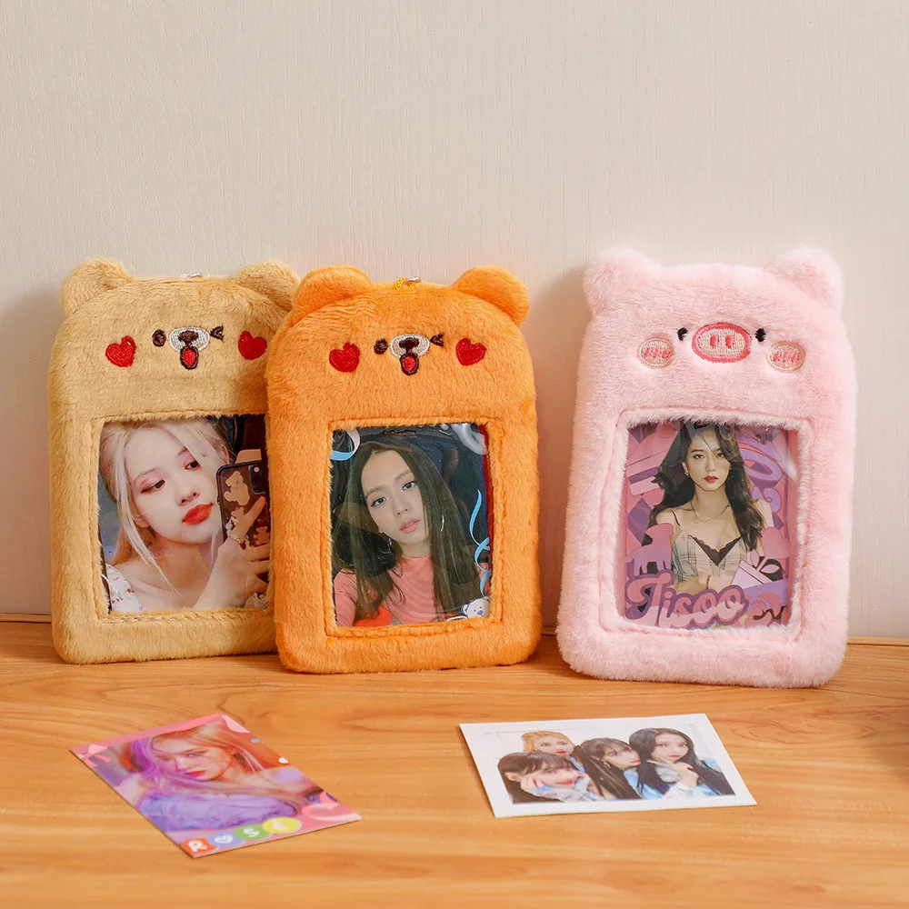 SKYSONIC 3 Inch Plush Kpop Holder Cute Bear Idol Postcards Storage Card Bag Collect Organizer Schoolbag Pendant 4