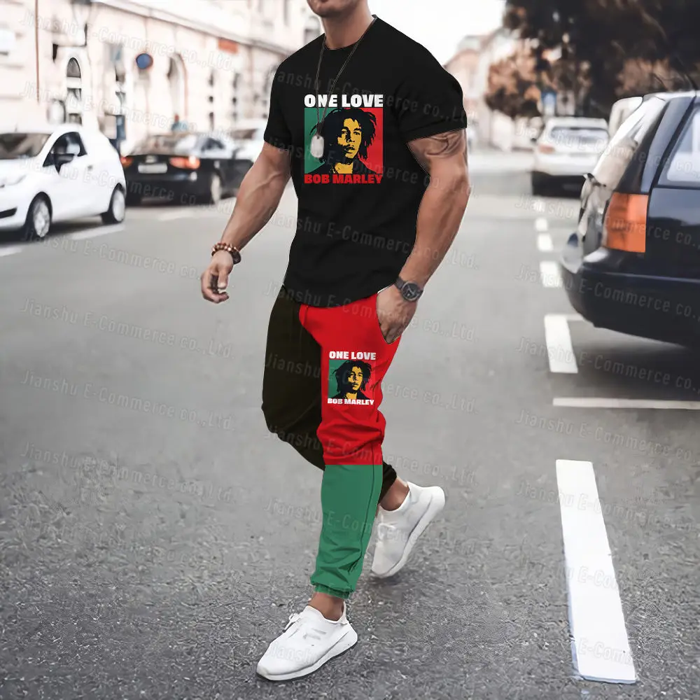 Bob Mary  T Shirt Set Summer Street Reggae Music Fashion Short Sleeves+Trousers 2-Piece Suit Oversize Round Neck Shirt Tracksuit streetwear hip hop cargo jeans women y2k vintage grunge blue denim pants oversize retro punk high street wide leg trousers