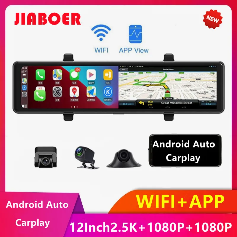 

3 Cameras Dash Cam 1440P Car Mirror Video Recording Carplay & Android Auto Wireless Connection WiFi Miracast GPS Navigation DVRs