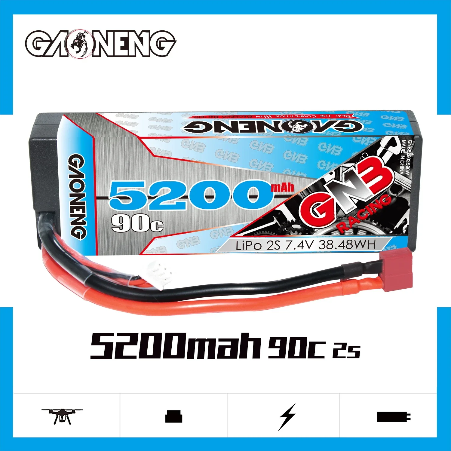 

GAONENG GNB 5200mAh 2S 90C 180C 7.4V Hard Case LiPo Battery Cabled with DEANS 1/10 1/8 scale RC Hobby Models