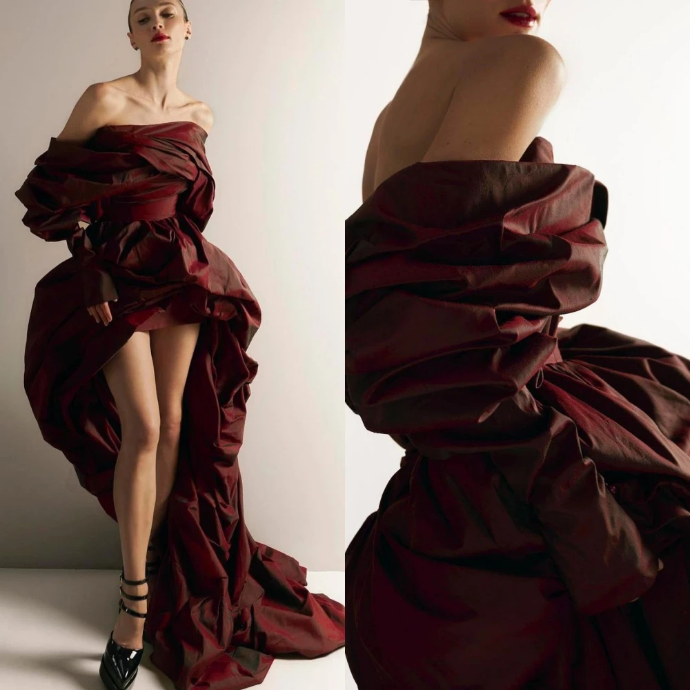 

Ball Sexy Elegant Strapless Gown Hi-Lo Cocktail Dresses Fold Satin Evening Vestidos Longos Para Eventos Especiais