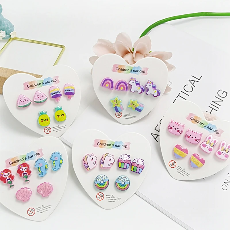 Strong Magnetic Kids Children Earrings 3PRS Mixed Clip on Earrings Kids Cute Unicorn Magnet Non Piercing Jewelry