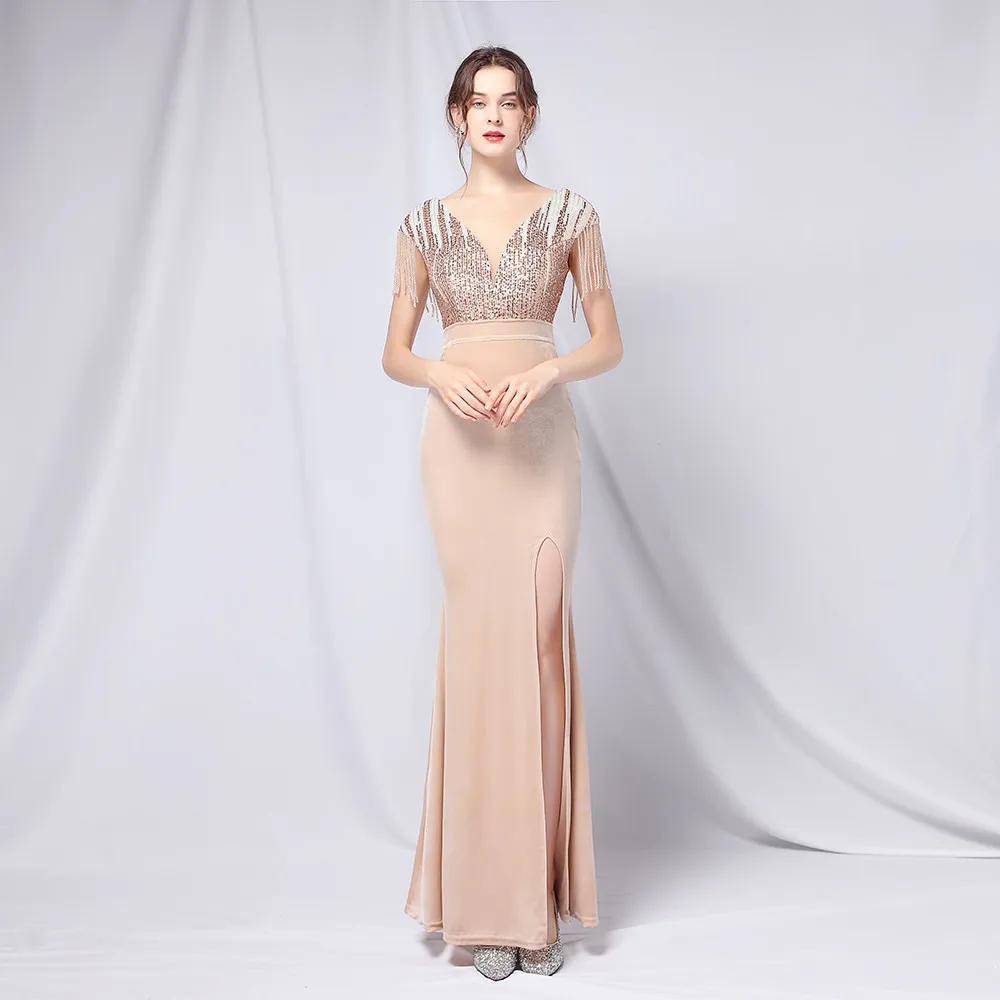 

Elegant Mermaid Dress Evening Chic Sequins Beading Velour Elastic Long Formal Occasion Gowns For Wedding Party In Stock