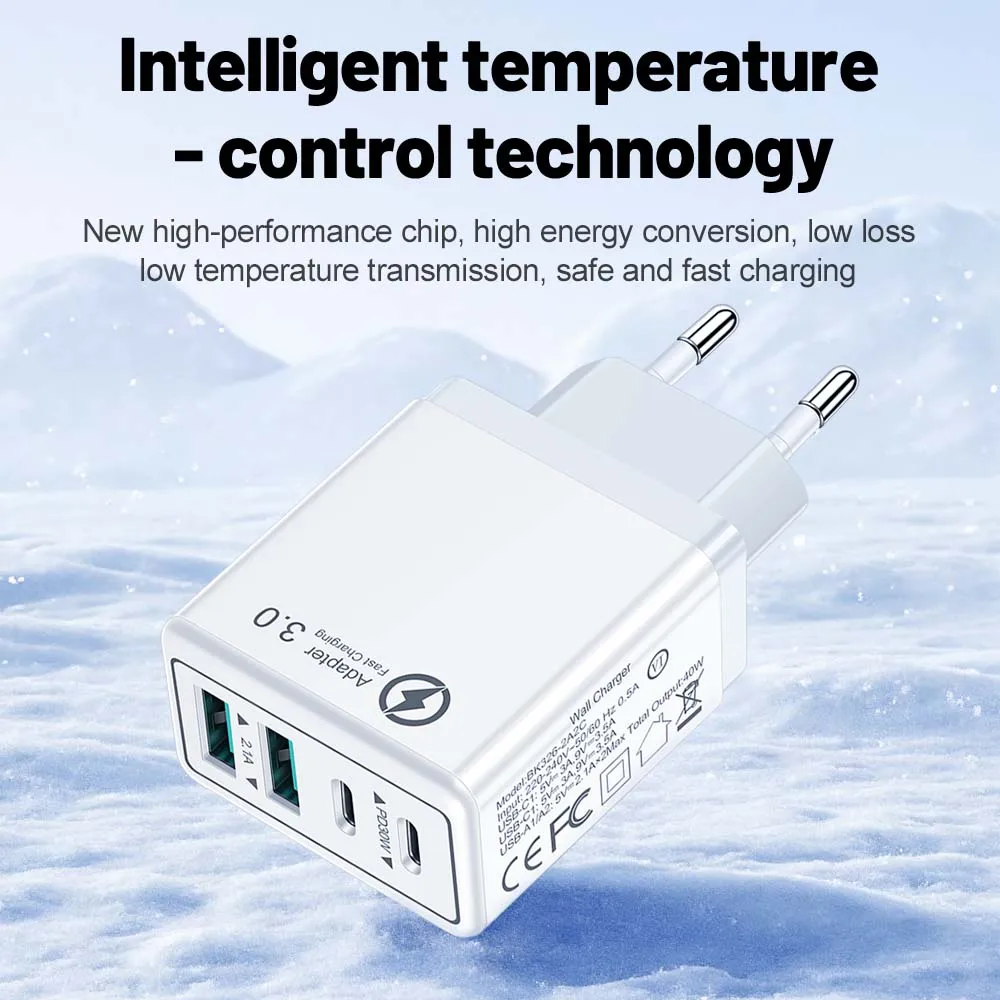 40W USB C Fast Charger QC3.0 EU/US/UK Plug Phone Charger Adapter For iPhone Xiaomi Samsung Quick Charging Type C Wall Charger