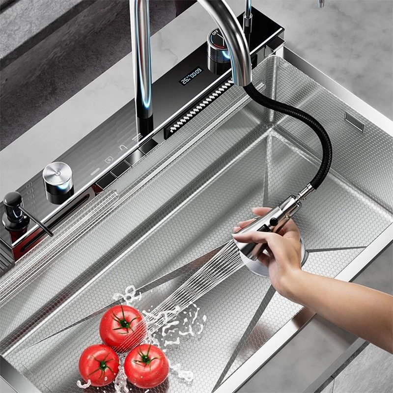 Silvery Nano Multifunctional Kitchen Sink Large Single Slot Digital Display Waterfall Faucet Soap Dispenser Cup Washer Pure Tap 4