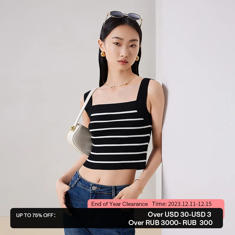 

Toyouth Women Knit Vest 2023 Autumn Sleeveless Square Neck Slim Fit Tank Tops Black White Stripes Y2K Fashion Chic Camisole