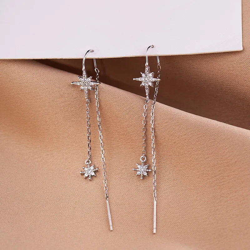 CIAXY Silver Color Inlaid Zircon Star Earrings for Women Temperament Aesthetic Long Tassel Ear Line Earring Luxury Jewelry Gift