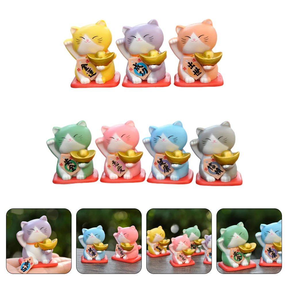 

7 Pcs Animal Ornaments Miniature Lucky Cat Fortune Figurines Garden Tiny Statues Modeling Resin Decor Adornment