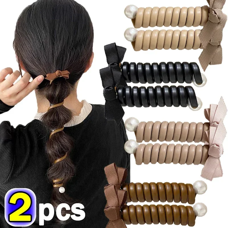 

1/2pcs Elegant Telephone Wire Hair Ropes Women Girls Bow Elastic Loop Spiral Coil Hair Ties Rubber Hairbands Bundle Scrunchies