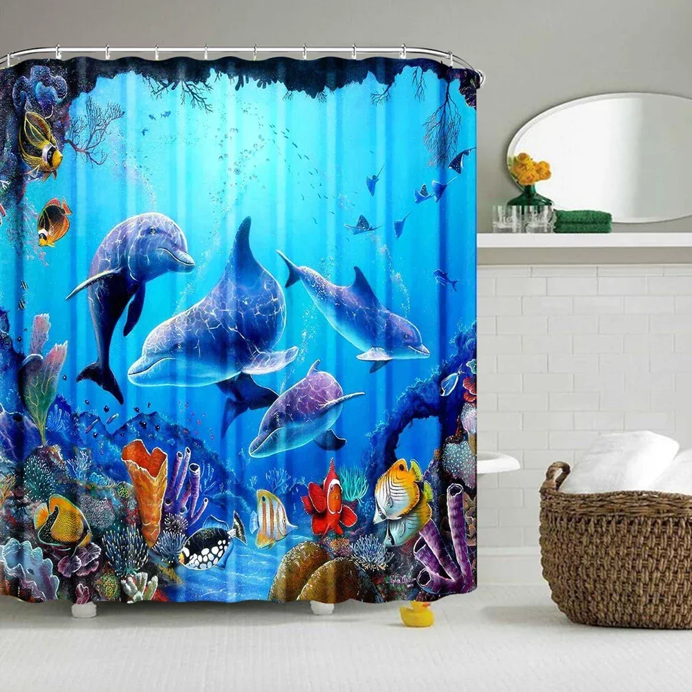 Dolphin Ocean Shower Curtain Sea Summer Beach Underwater Bath Screens Bath Shower Curtain with 12 Hooks for Bathroom Room