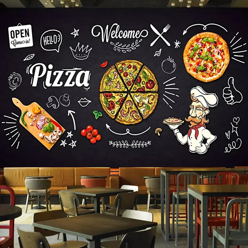 Custom Large Size 3D Photo Wallpaper Black Hand Painted Pizza Shop Restaurant Menu Dining Room Decor Waterproof Wall Mural Paper