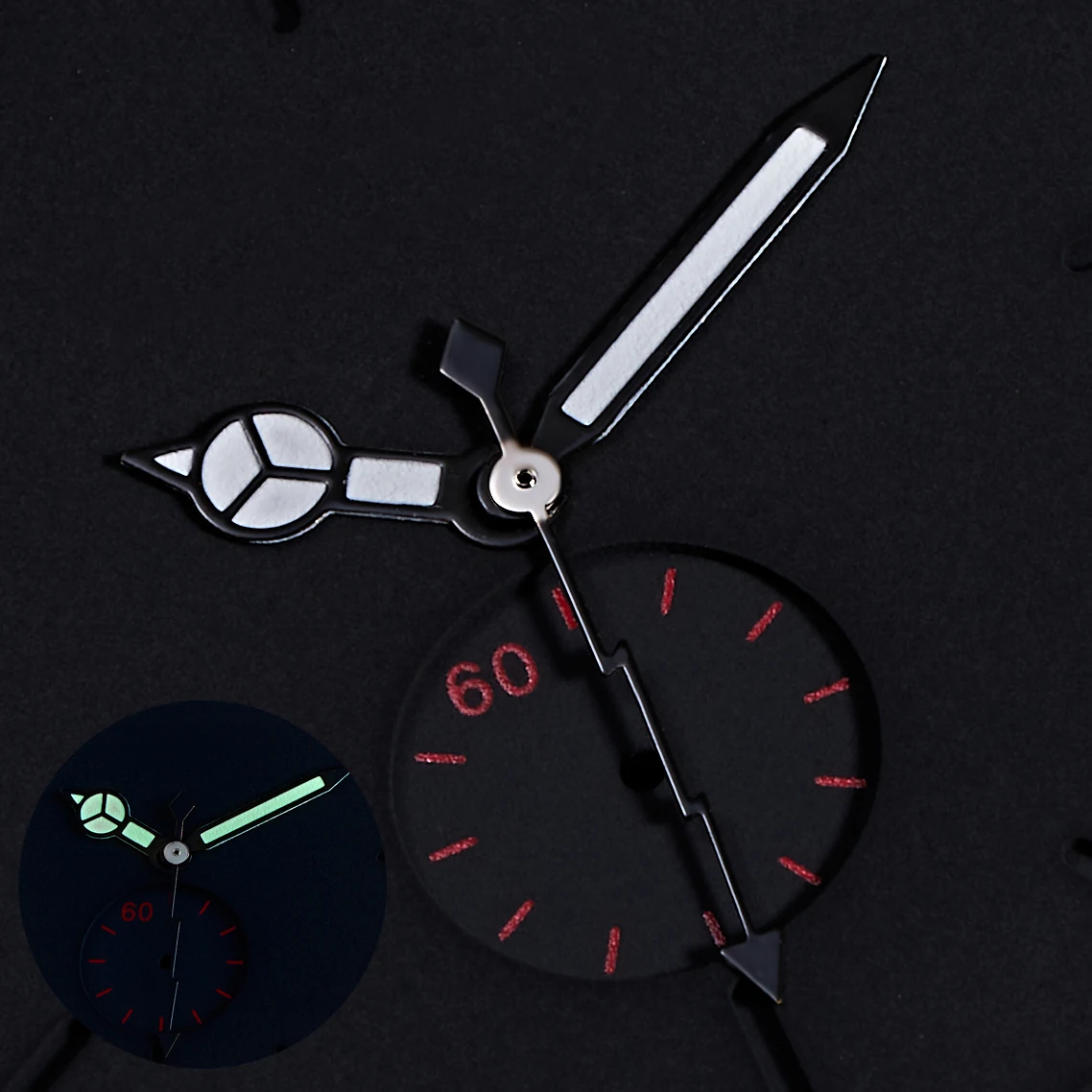 Green Luminescent Edged Watch Hands Accessories in Black and Silver with Orange Accents