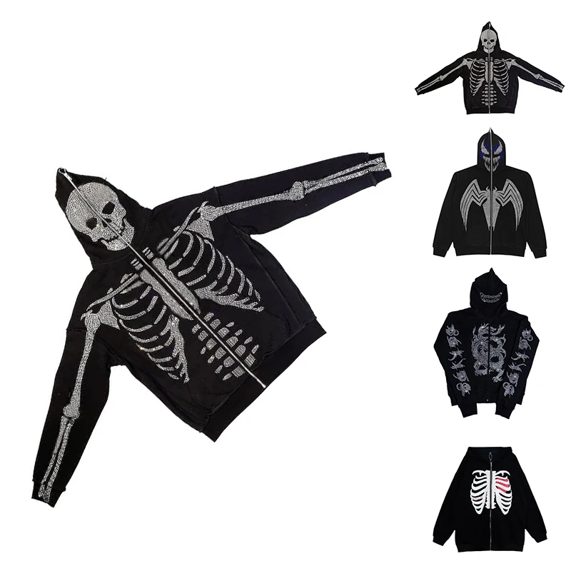 

Skeleton Oversized full zip up over face Skull Rib Bone Diamond Rhinestone Hoodies Hoodies Women Print Hip Hop Cotton Autumn