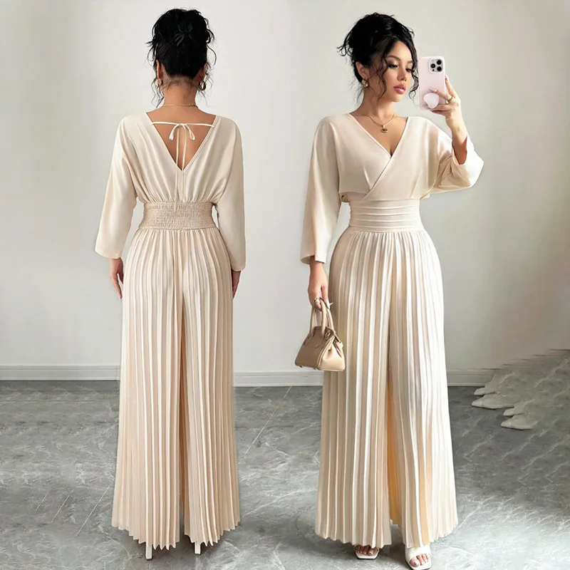 Women's Elegant Wrap V-Neck Pleated Wide Leg Pants Set Long Sleeve Elastic Waist Two Piece Outfit Vacation Resort Wear