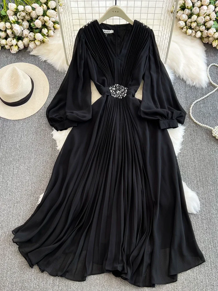 المرأة أنيقة مطوي فستان طويل ربيع الخريف مثير الخا...