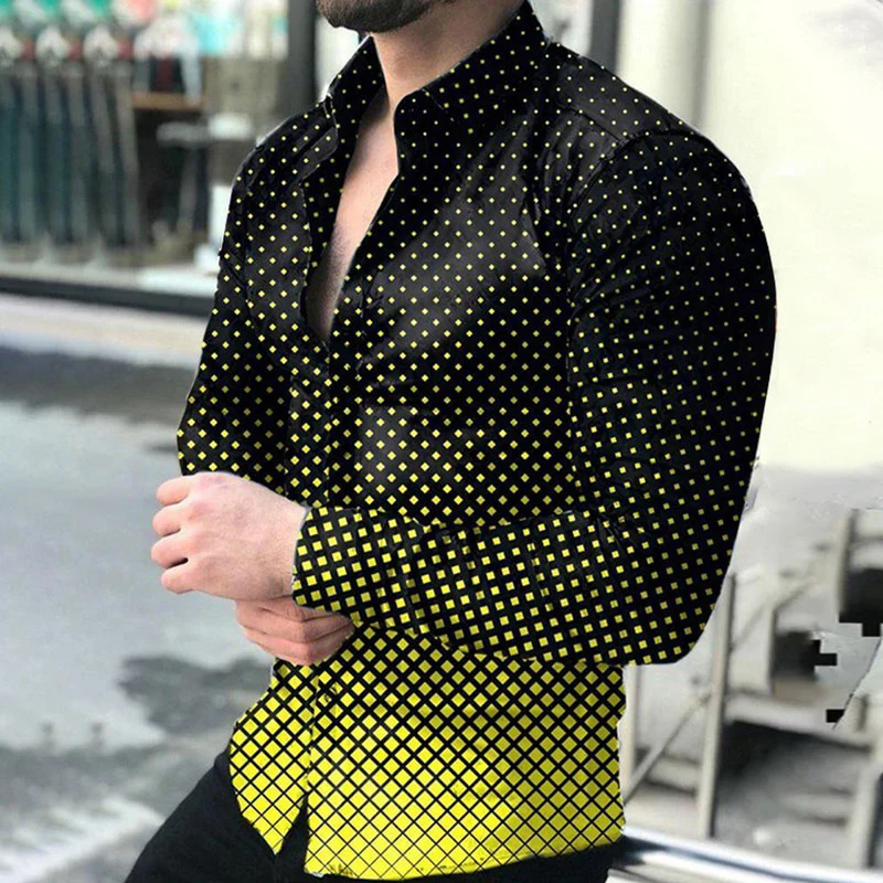 

Spring Fashion Men Shirts Autumn Turn-down Collar Buttoned Shirt male Casual lattice Print Long Sleeve Tops Prom Men's Clothes