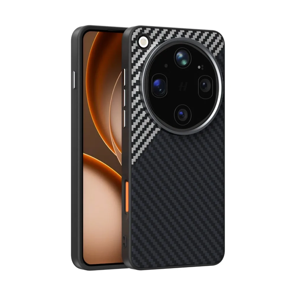 Leather Textured Shockproof Case with Carbon Fiber and Metal Lens Frame, Magnetic Closure