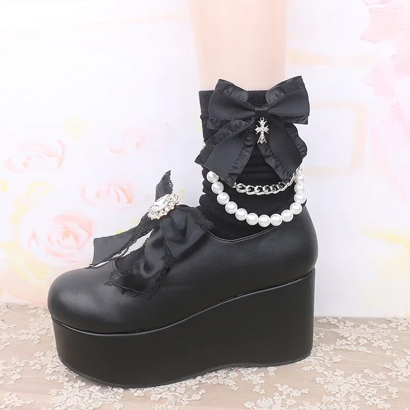 Japanese Mine Dark Style Pearl Chain Rhinestone Bow Short Socks Cotton Black Sweet Girls Lolita Clothing Matching Socks