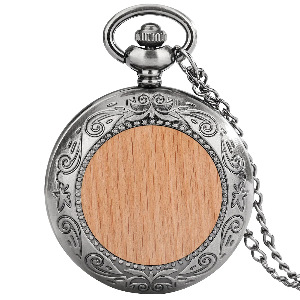 Walnut/Beech Wood Slice Decor Quartz Pocket Watch Grey Black Alloy Metal Watch Case Arabic Numerals Dial Pendant Necklace Watch