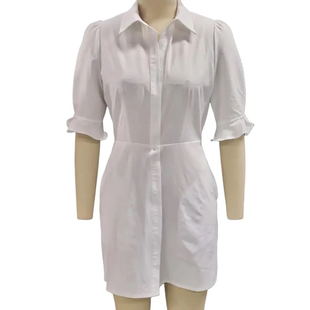 

Solid Color Dress Elegant Lapel Shirt Dress for Women Short Sleeve Business Midi Dress Solid Color Office Attire for Summer