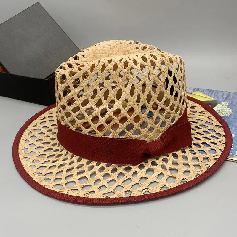 

Red Wine Ribbon High Quality Raffia Straw Hats Handmade Panama Beach Hats Ladies Summer Sun Hat Holiday Sombrero VRIGINER