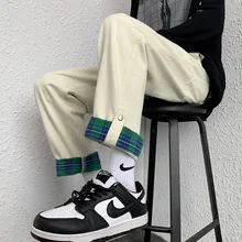 

Blue Beige Jeans Men Fashion Cotton Casual Plaid Jeans Men Streetwear Loose Hip Hop Straight Denim Pants Mens Trousers M-3XL