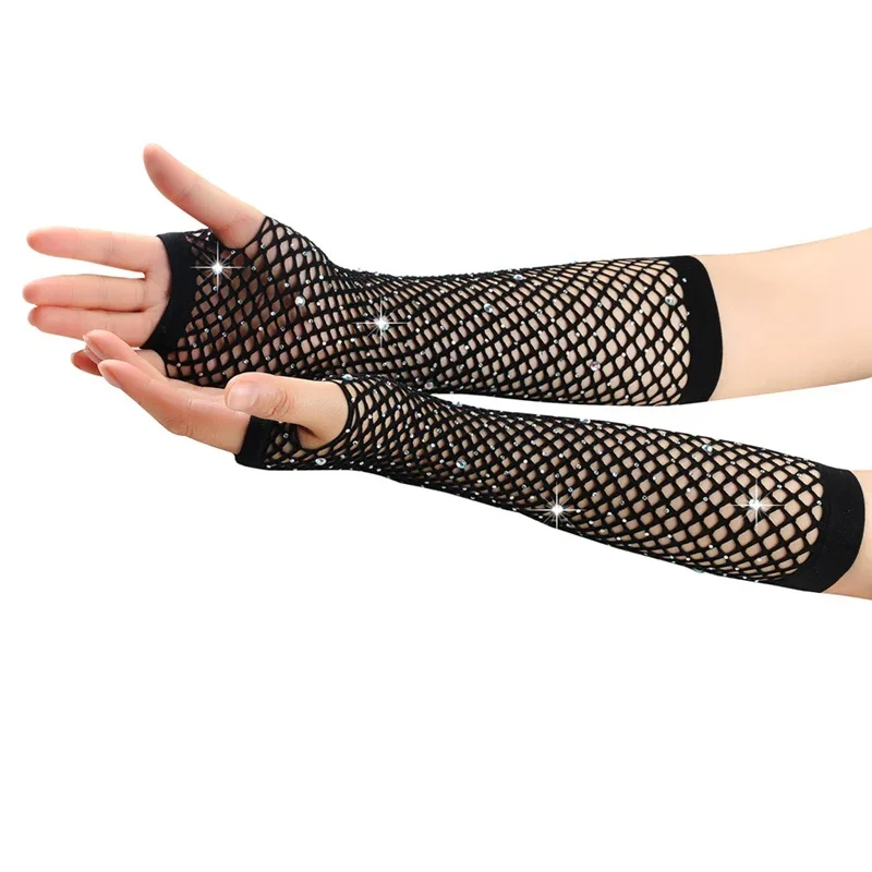 1 Pair Women Long Rhinestone Fishnet Net Gloves Fingerless Mesh Gloves Punk Rock Night Club Party Sexy Fashion Gloves