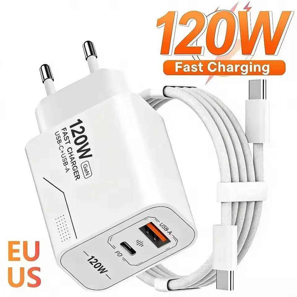 120W Dual-Port GaN USB-C Fast Charging Wall Adapter with US/EU Plug