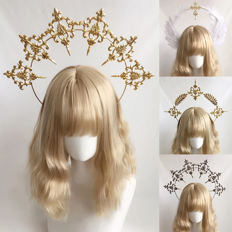 

Lolita Virgin Halo Headband Wheat Ears Feathers Church Pope Hairband Golden Catwalk Headpiece Photo Props Hair Accessories