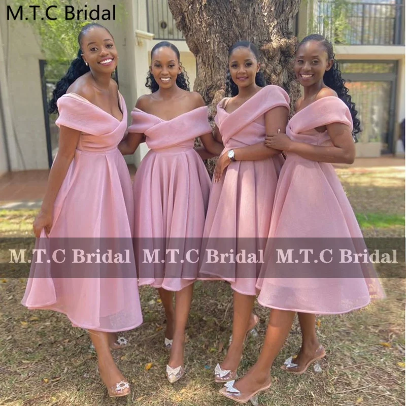 Short Pink Bridesmaid Dresses Off The Shoulder A Line Organza Black Girls Wedding Party Gowns For Maids Of Honor
