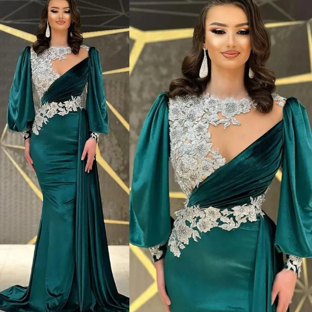 

Arabic Aso Ebi Hunter Green Velvet Mermaid Prom Dresses 2024 With White Lace Beaded Evening Formal Party Second Reception Wears