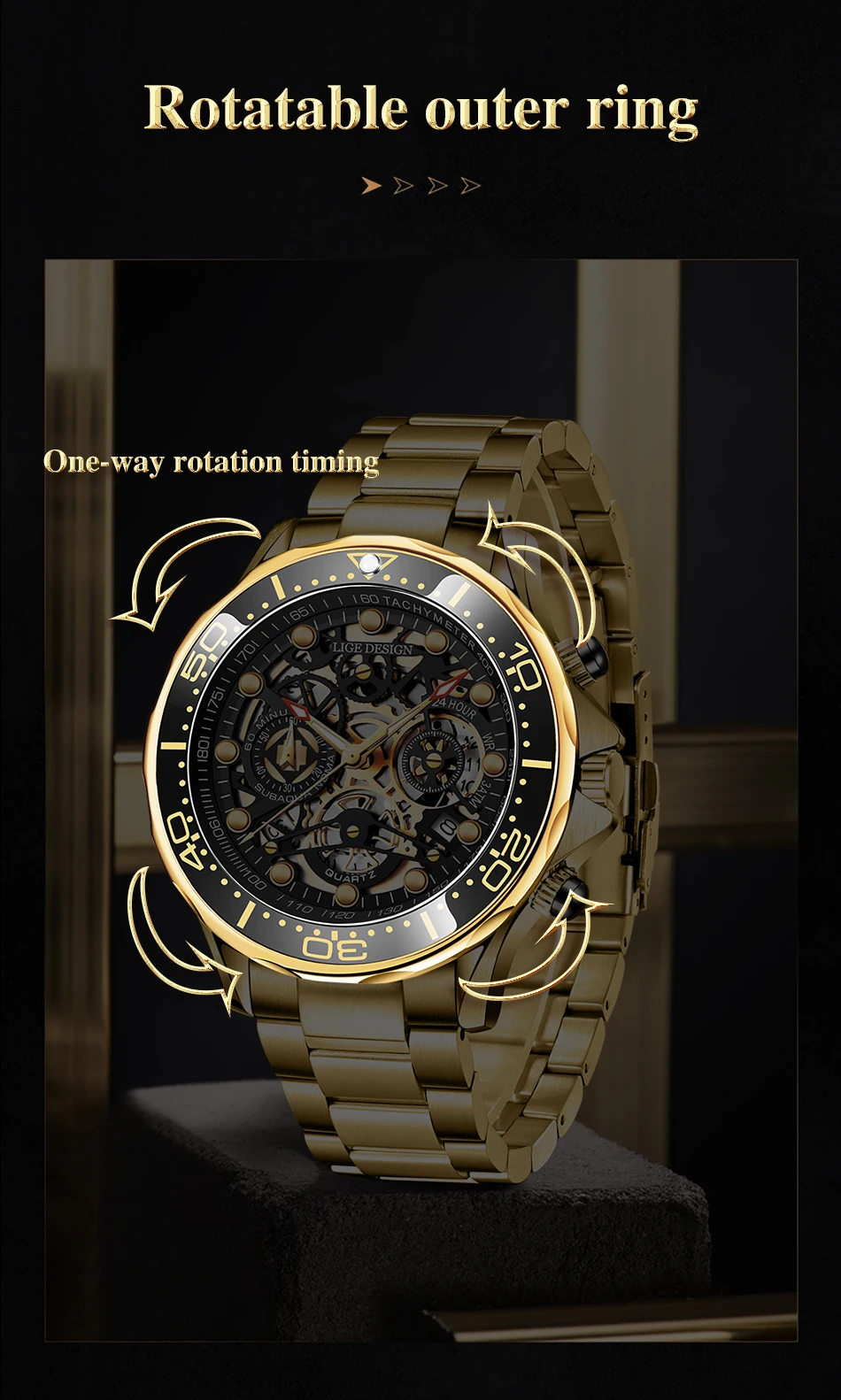 LIGE Fashion All Gold Mens Watches Top Brand Luxury Stainless Steel Quartz Watch For Men Waterproof Sport Clock Male Chronograph