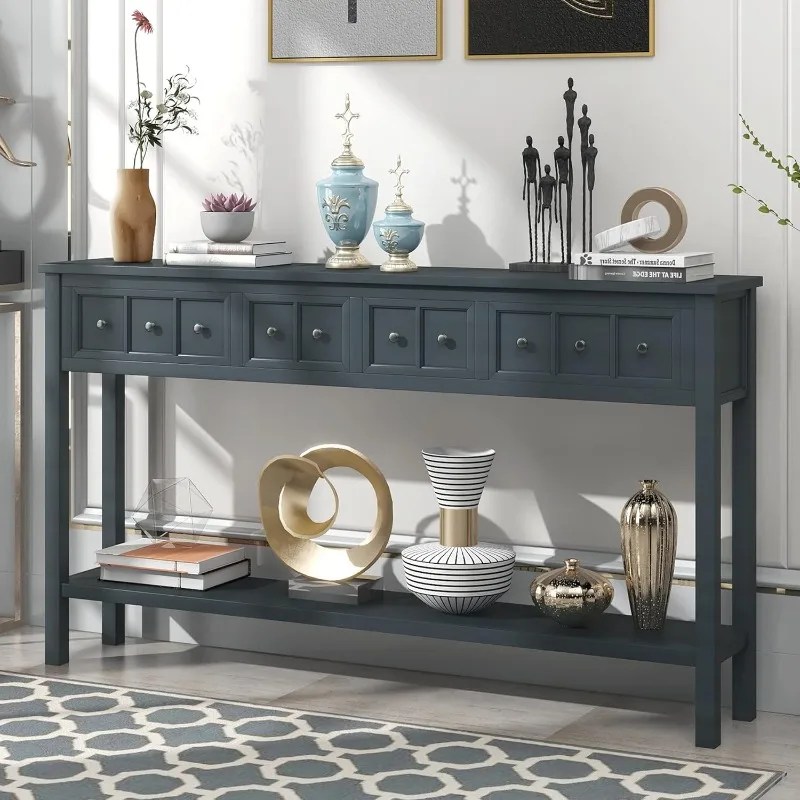 

Antique Entry Console Table with Storage Drawers,60"Long Sofa Table with Two Different Size Drawers and Bottom Shelf for Storage