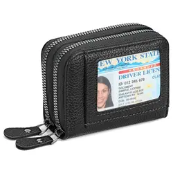 Elegant RFID Blocking Leather Wallet with Double Zipper and ID Window (A - Black)