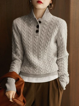 Knitted Pullover Top Sweater, Stand-up Collar, Half-Open Lapel, Twisted Twist Texture, Pure Cashmere, Baseball, Elegant 6
