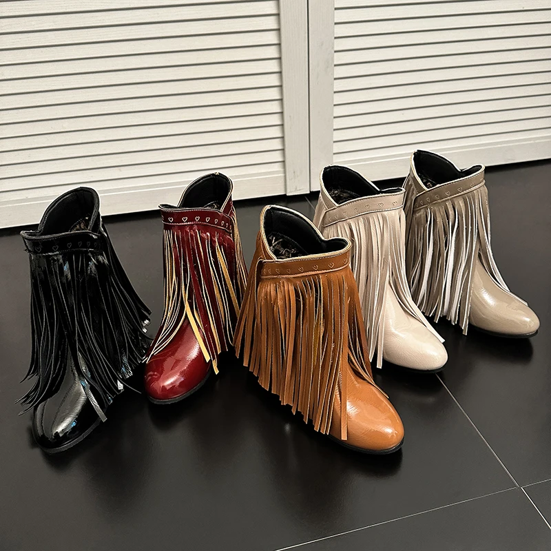 2023 Winter New Tassel Women's Boots Round Toe Inner High Solid Casual Shoes Versatile Classic Nightclub Fashion Short Boots