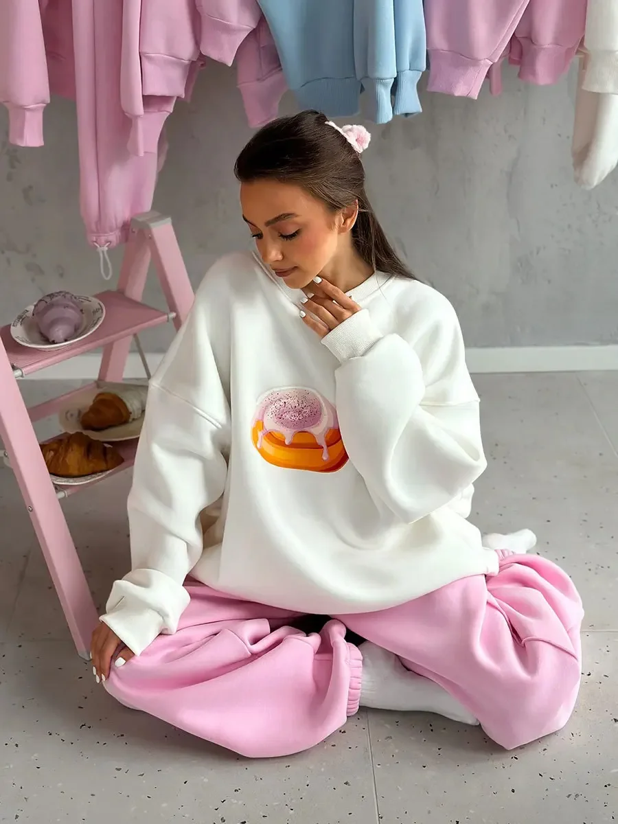 Bornlaides New Autumn Winter  Cake Printed Pullover Women's Plush Loose Slimming Long Sleeves Sweatshirts O-neck Pullover Hoodie