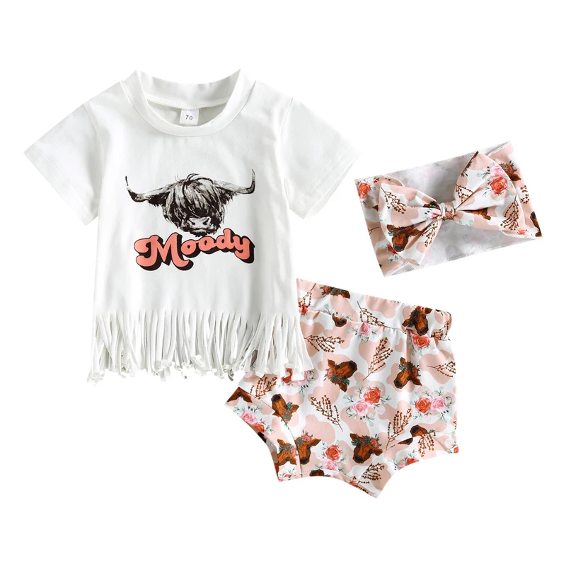 

Bmnmsl Baby Girl 3Pcs Western Clothes, Short Sleeve Tassel Tops + Cow Floral Shorts + Headband Set