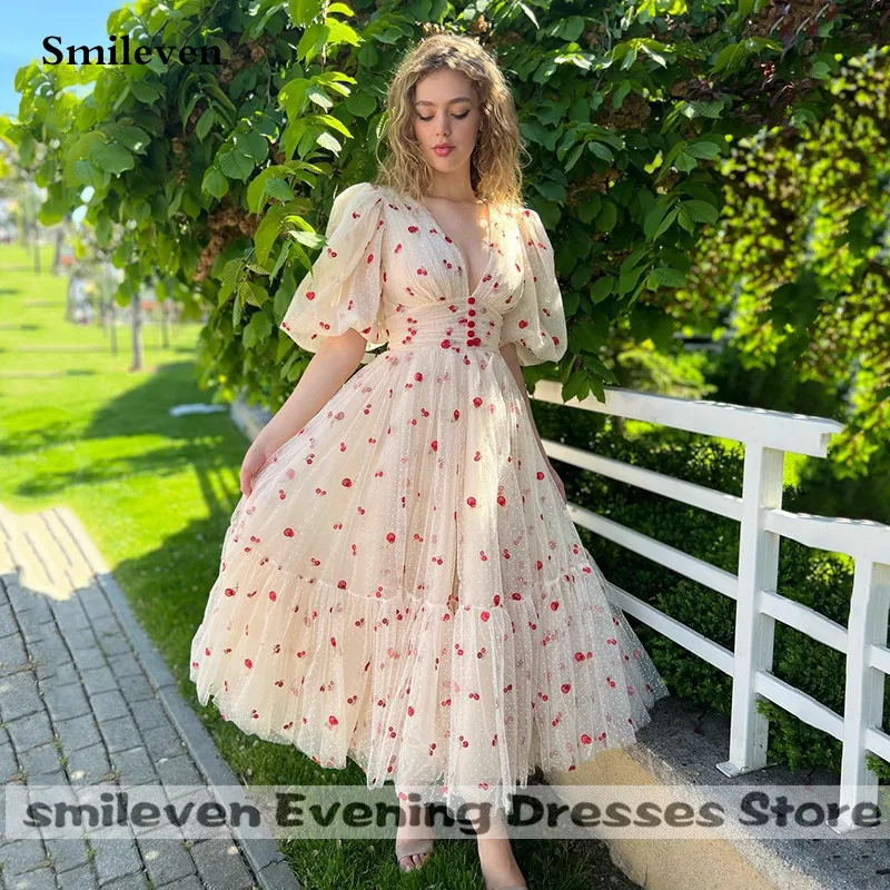 

Smileven Cherry Prom Dress V Neck Short Puff Sleeve Formal Evening Dresses Tea Length Prom Party Gowns 2022