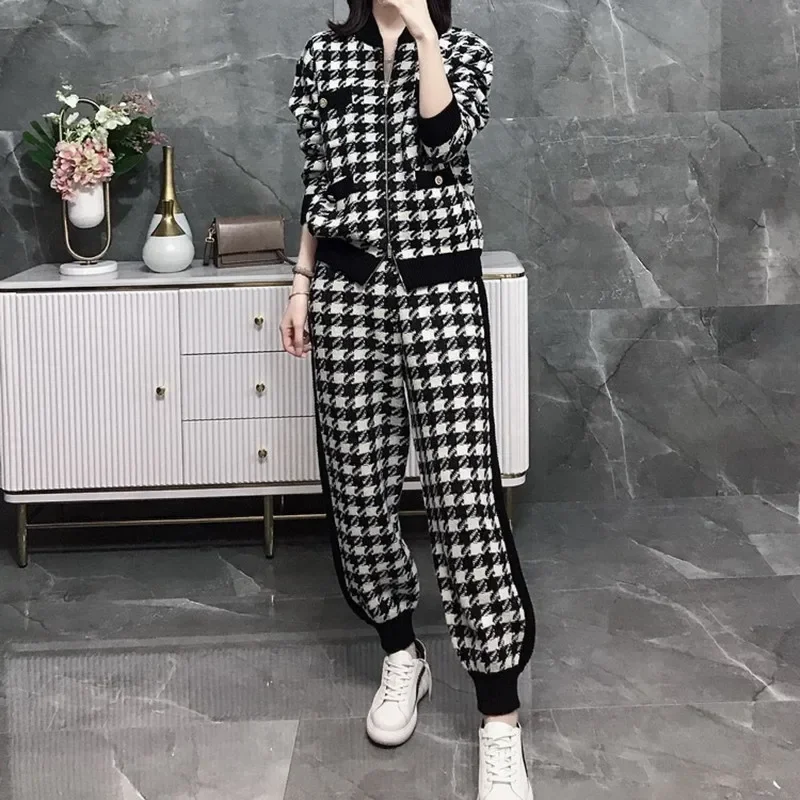 

New Fashion Houndstooth Plaid Knitted Two Pieces Set Women Knit Cardigan Zipper Jacket Coat+Pocket Harem Pant Suit Outfits N466