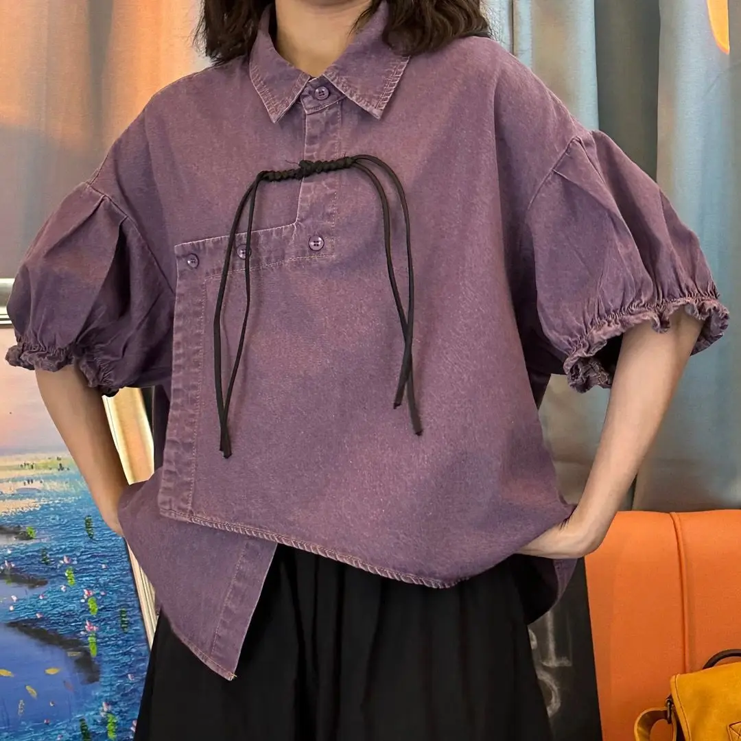 Niche Design Sense Purple Shirt Short Sleeve Irregular Women'S Spring Autumn New Design Tight Elastic Shirt Top Long Sleeves
