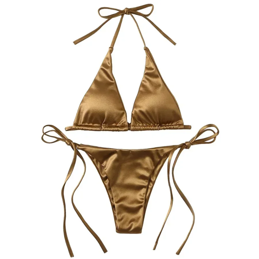 

Sexy Women's Metallic Halter Top Two Piece Swimsuit Tie Side Triangle Bikini Summer Solid Bathing Suit Beachwear Bikini Set