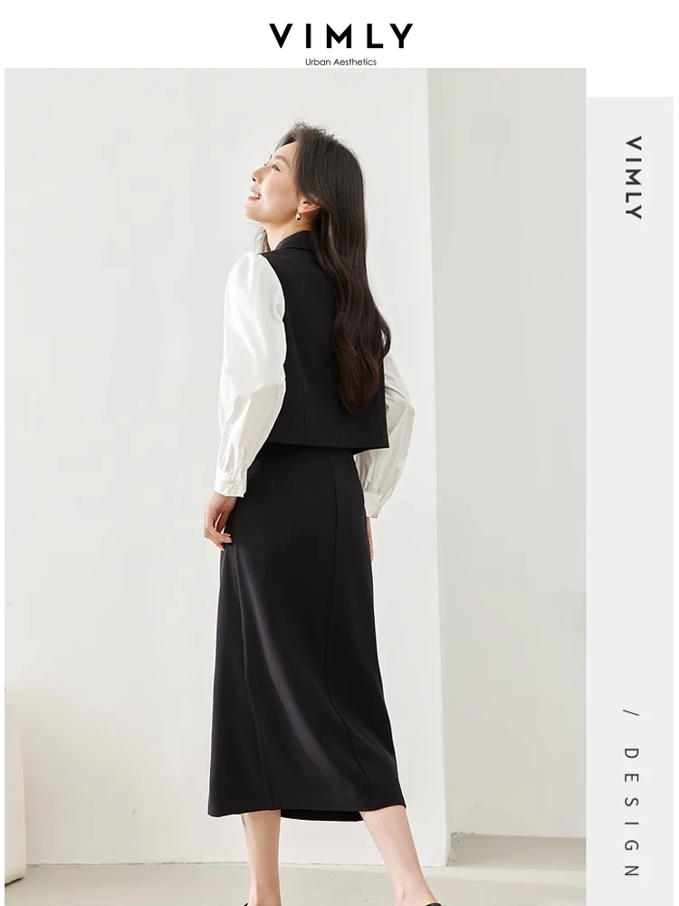 Vimly 블랙 심플 스커트 세트, 오피스 레이디스, 2024 용수철 스플라이스, 탑 스플릿 미디 스커트, 2 피스 세트, 여성 의상, M5910