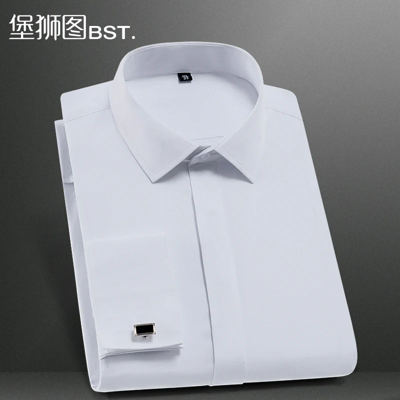 Men Shirt French Cuff Cufflinks Solid Color Long Sleeve Shirt Men Business Party Fashion