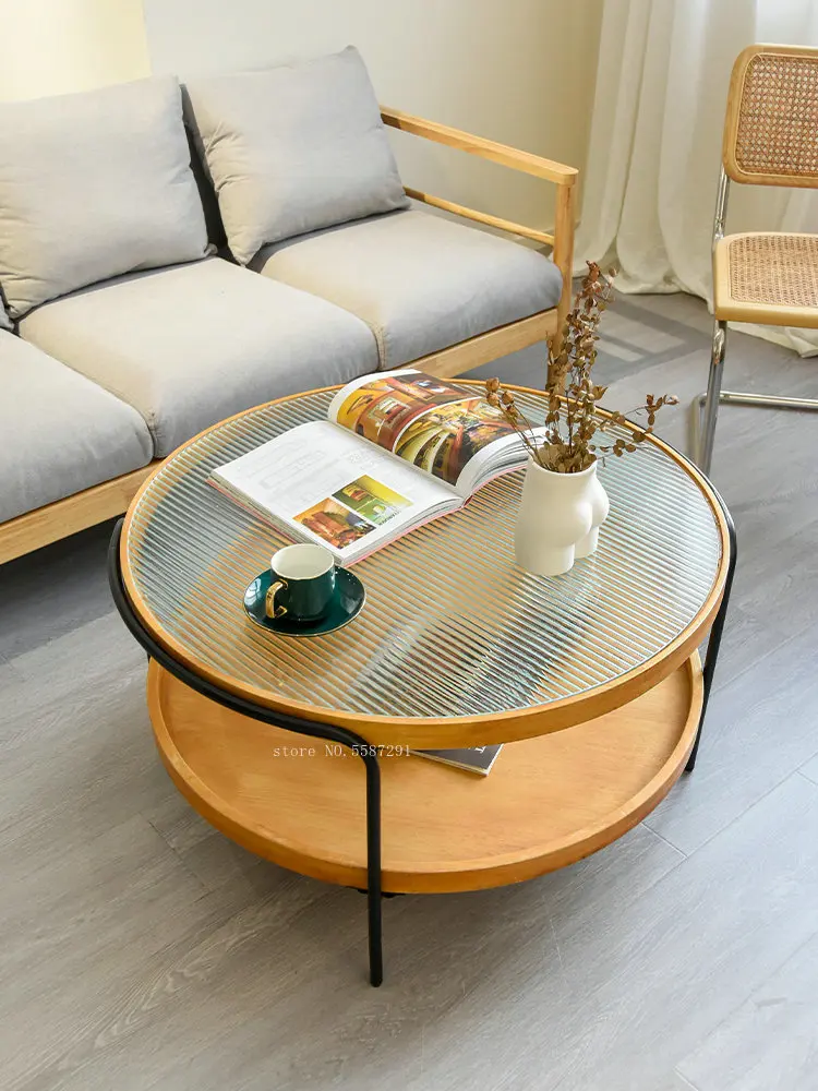 

Nordic round Tea Table Tempered Glass Light Luxury Creative Minimalistic Iron Double-Layer Table coffee table for living room