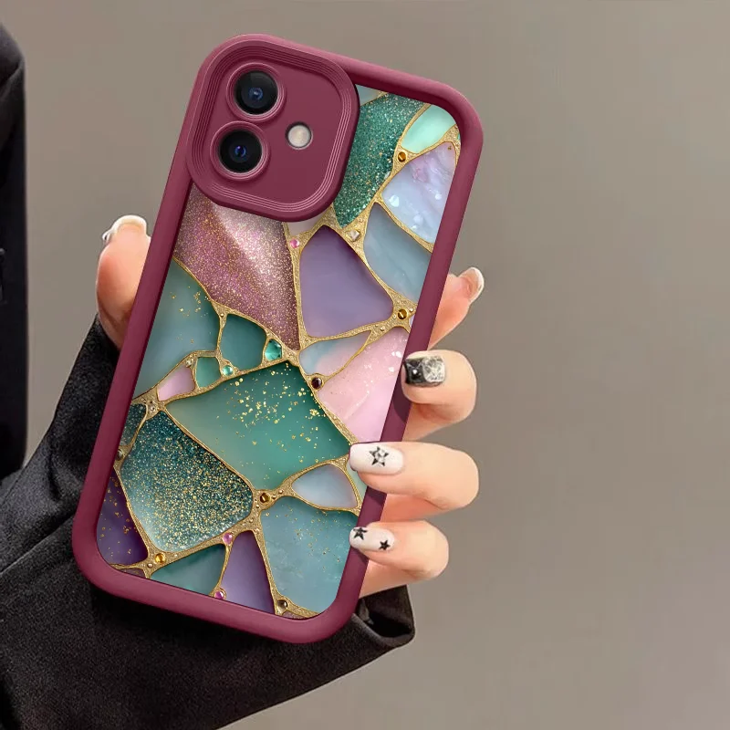 Luxurious Pink Green Marble Texture Printed Phone Case - Anti-Drop Silicone Soft Cover