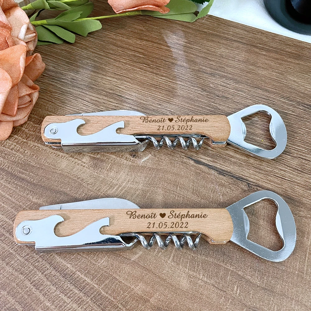 

Personalized Wedding Souvenir Party Favor Custom Engraved Wooden Wine Corkscrew Beer Bottle Opener Wedding Gift for Guest 30pcs