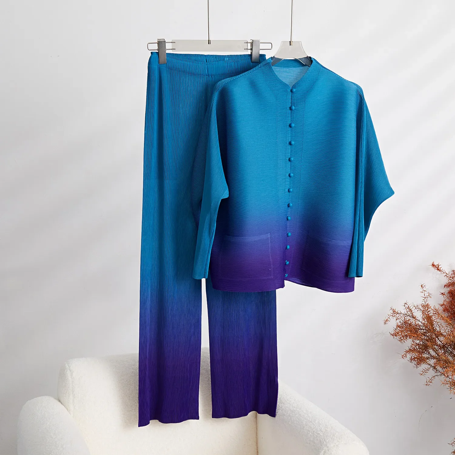 

ALSEY Miyake Women Pleated Gradient Printed Two-piece Single Breasted Elegant Loose Sleeve Top+straight Leg Wide Leg Pants Set